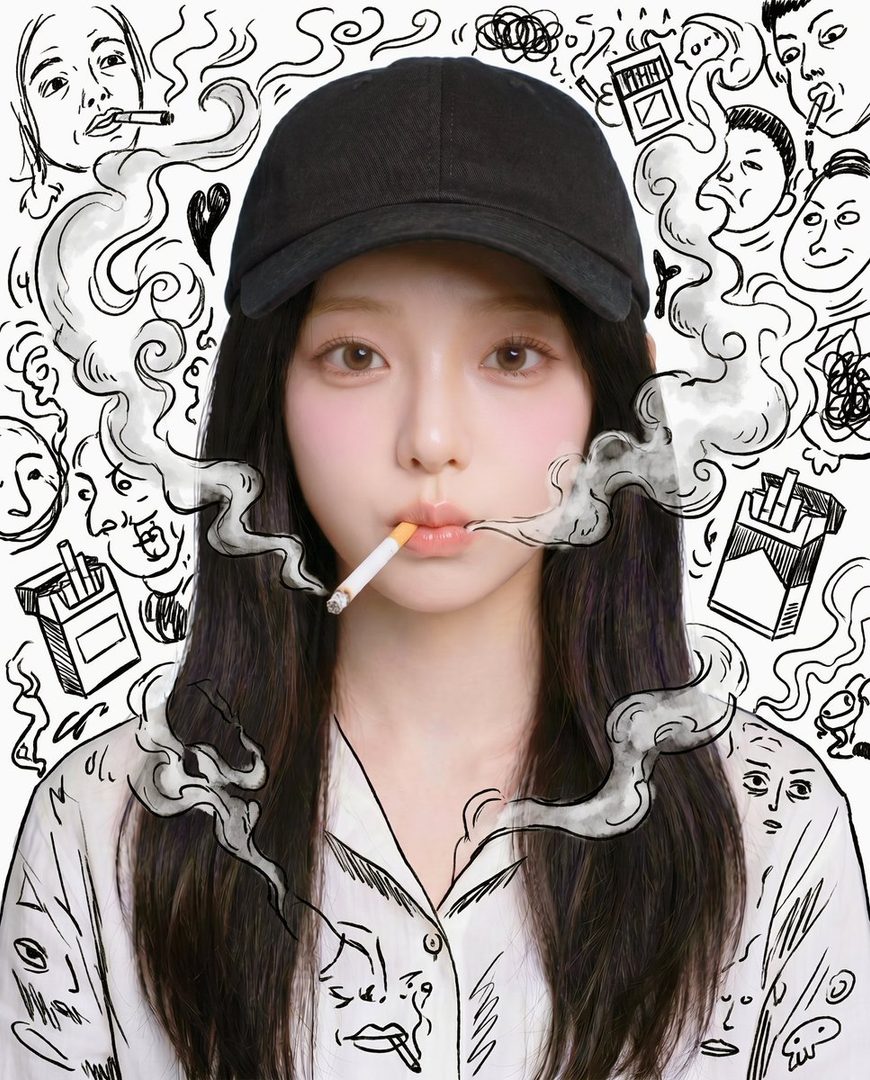 A photorealistic portrait of a young woman with long black hair and a black cap, holding a cigarette in her mouth, surrounded by cartoon doodles of faces and smoke.