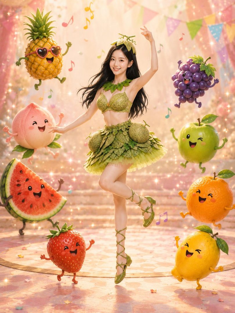 A smiling woman dressed as a fruit fairy in a leaf bikini and skirt, surrounded by animated fruits like pineapple, grapes, watermelon, and strawberries, in a bright, whimsical setting.