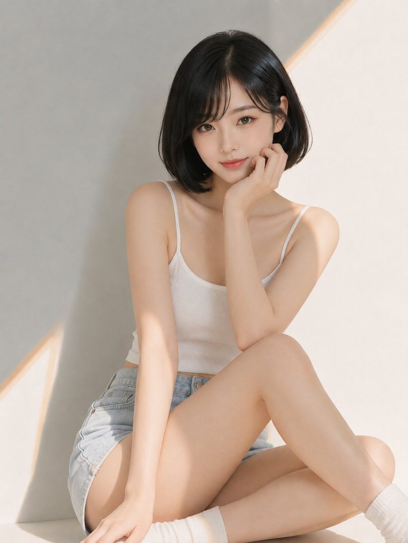A young woman with short black bob hair and bangs, wearing a white tank top and denim shorts, sitting in a minimalist studio with soft lighting.