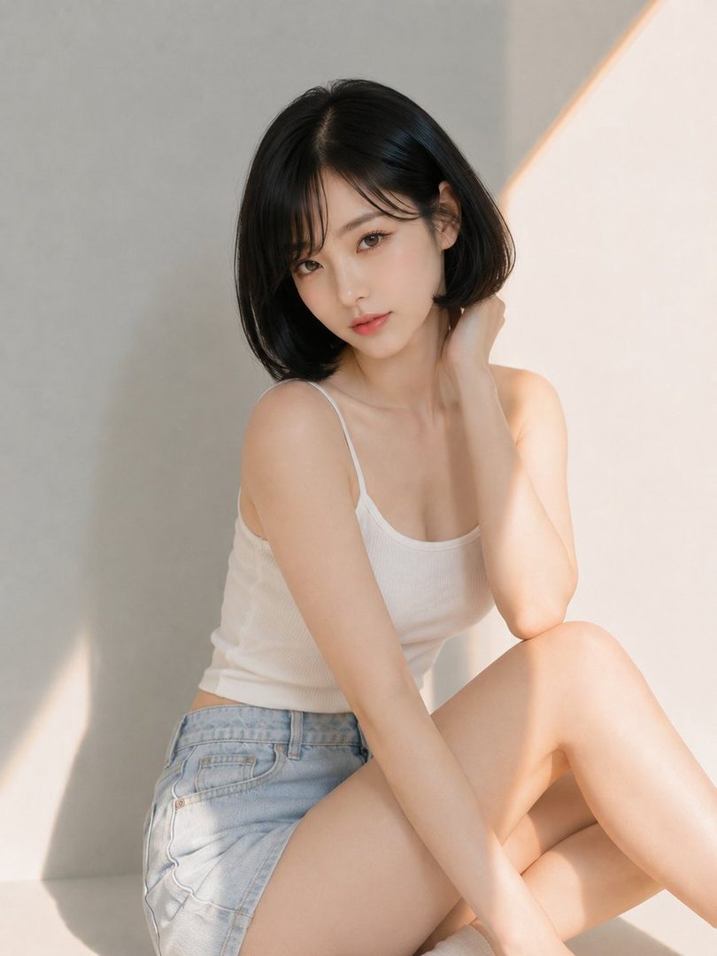 A young woman with a black bob haircut and bangs, wearing a white tank top and denim shorts, sitting indoors with soft lighting.