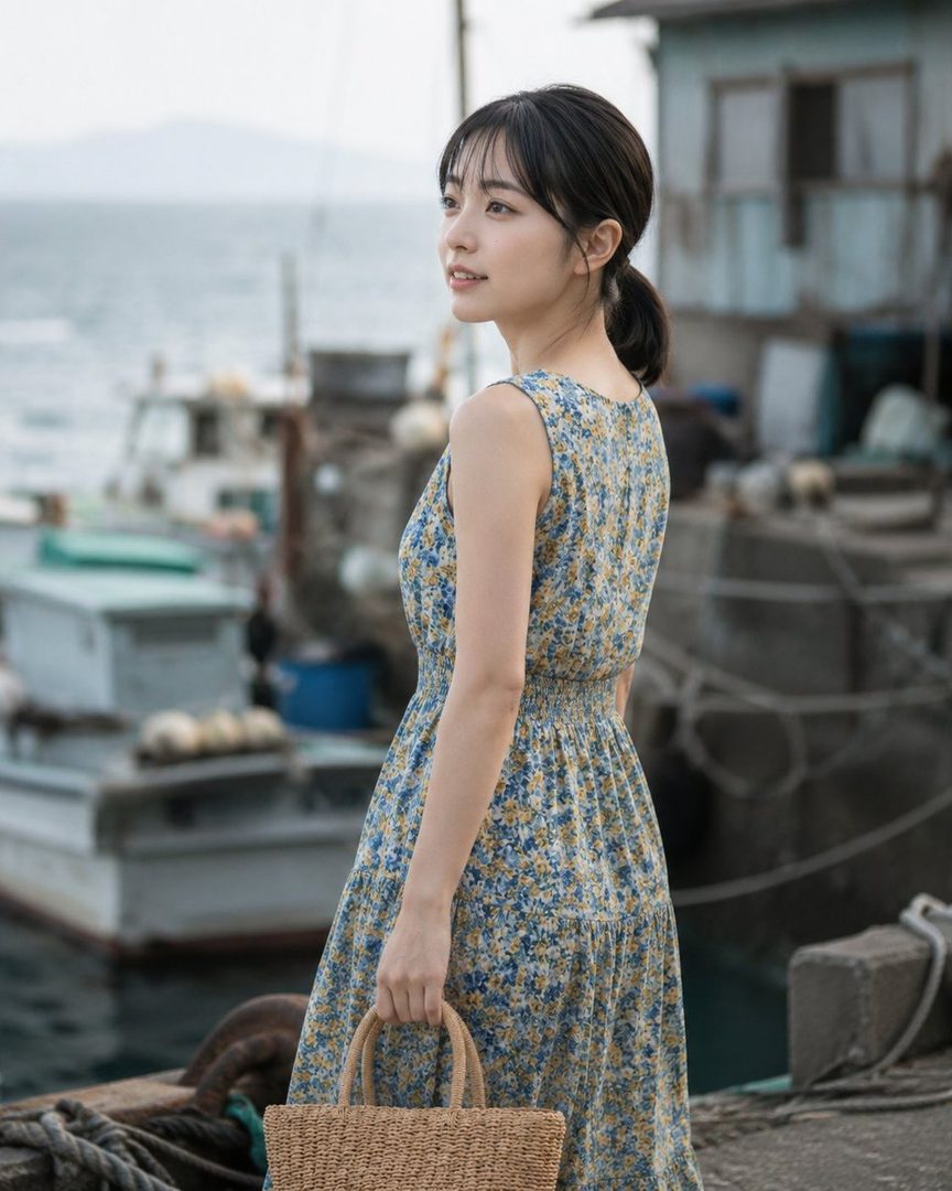 A young woman in a floral dress stands by a fishing port, holding a woven bag and looking into the distance.