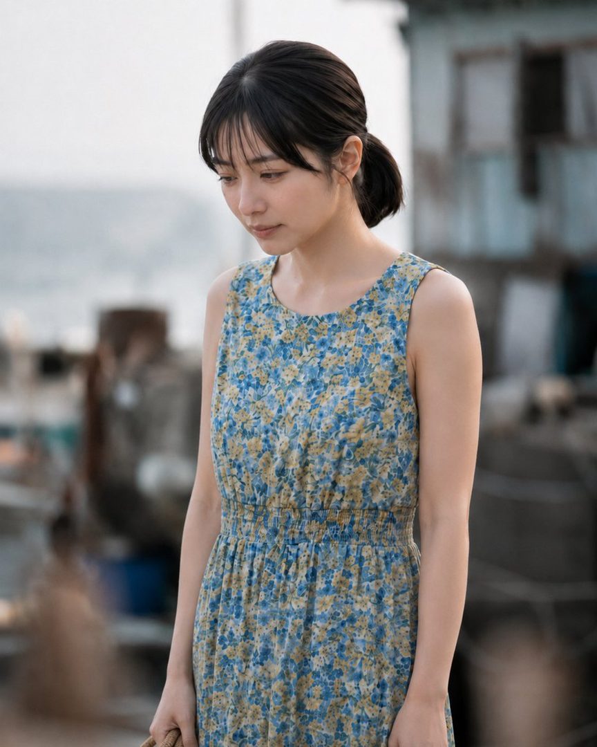 A young woman with black hair tied in a ponytail and bangs, wearing a blue and yellow floral dress, looks down with a serene expression in an outdoor setting.
