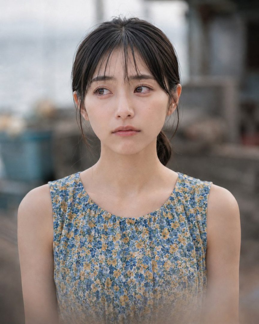 A young woman with dark hair and bangs wears a floral dress, looking thoughtfully to the side in an outdoor setting.