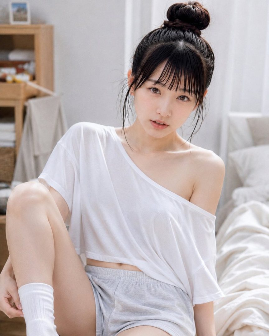 A young woman with black hair tied in a bun and bangs, wearing a white off-the-shoulder t-shirt and grey shorts, sits indoors.
