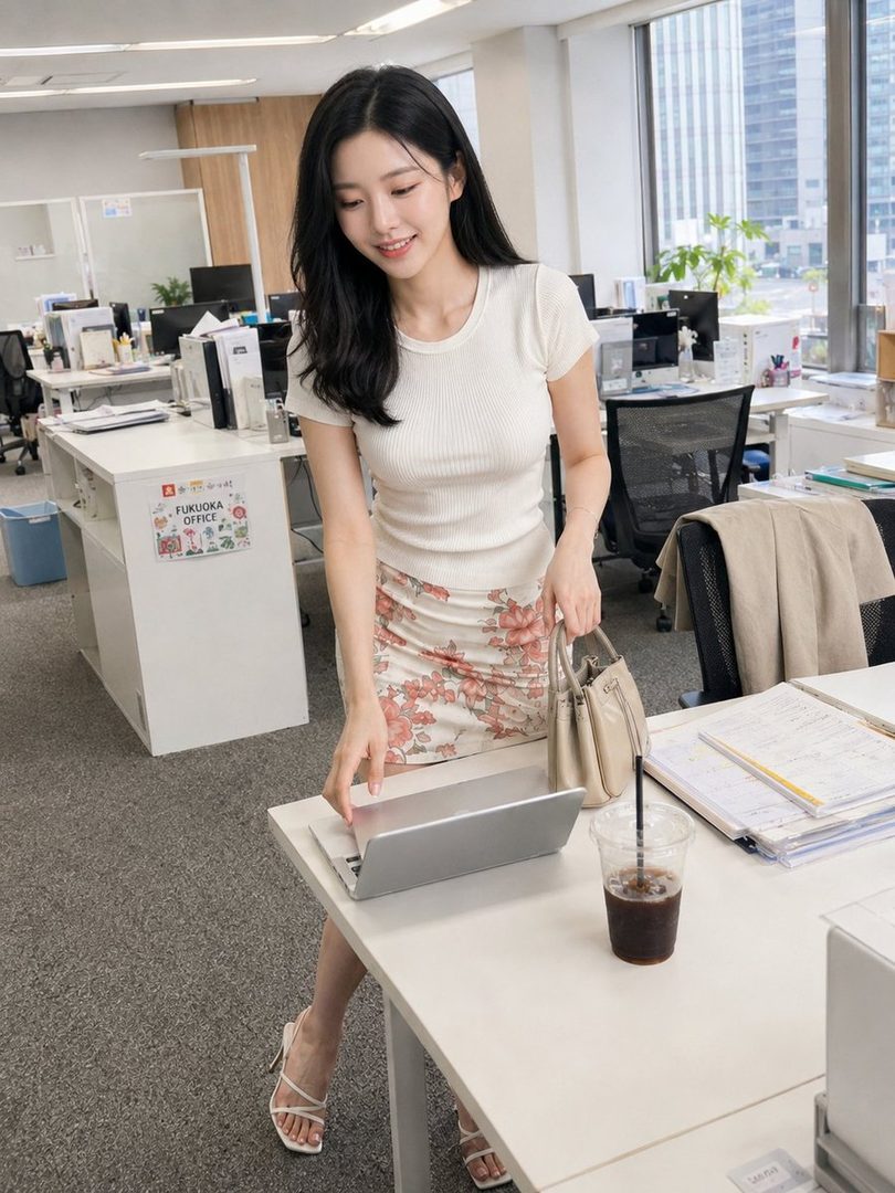 A smiling woman with long black hair in a white ribbed t-shirt and floral mini skirt stands in a modern office, looking at a laptop on a desk.