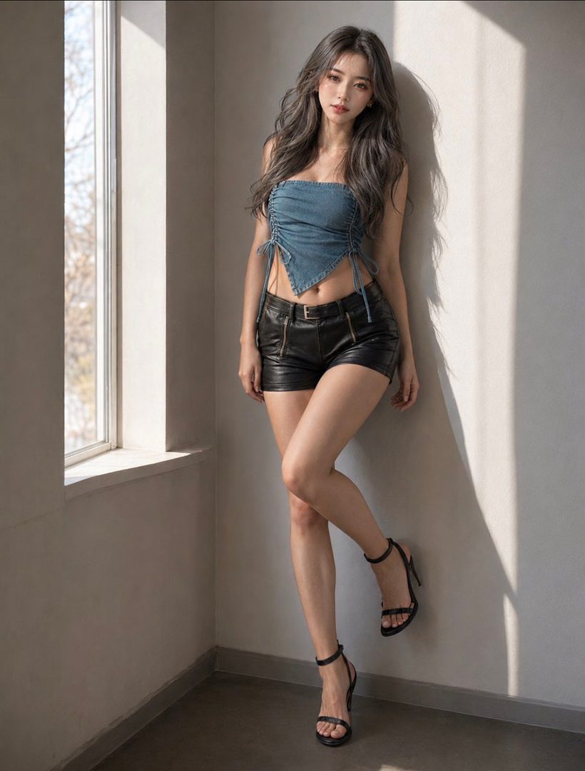 A photorealistic portrait of a woman with long silver hair wearing a denim tube top and black shorts, posing indoors by a window.