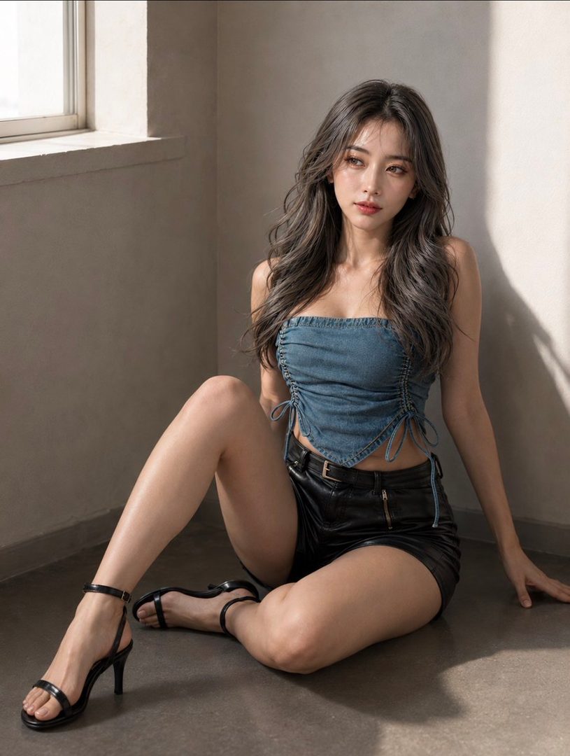 A photorealistic portrait of a woman with long brown hair, wearing a denim tube top and black shorts, sitting on the floor indoors.