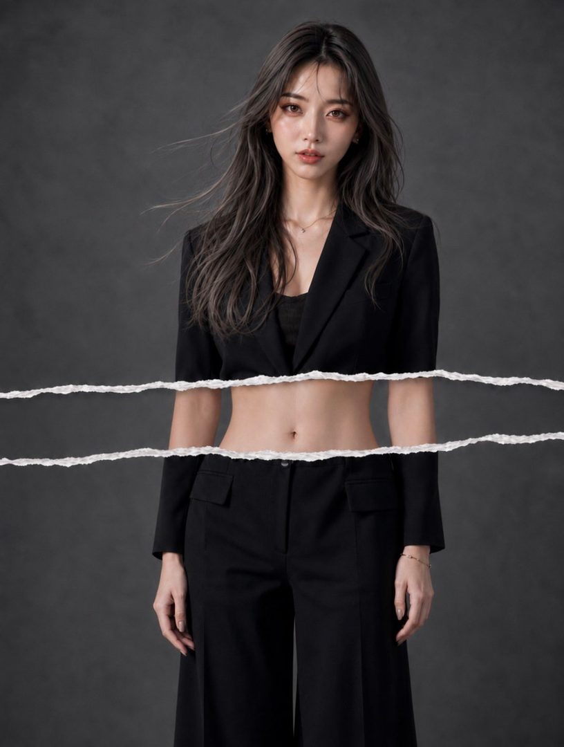 A photorealistic portrait of a woman with long silver hair wearing a black cropped blazer and black wide-leg pants against a dark gray background.