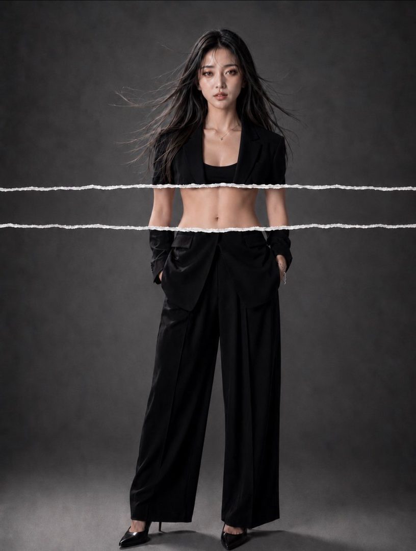 A woman with long black hair poses in a black crop top and suit jacket with matching wide-leg pants in a studio setting.