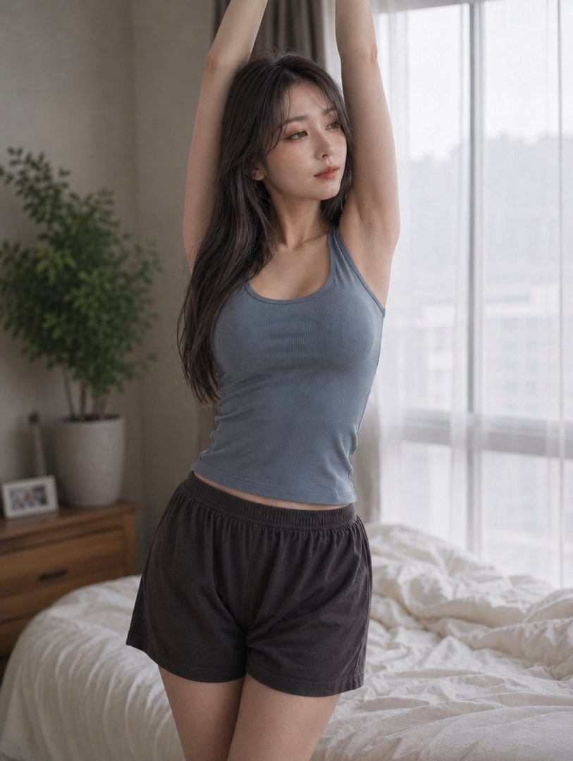 A young woman in a blue tank top and dark shorts stretches her arms above her head in a bedroom.