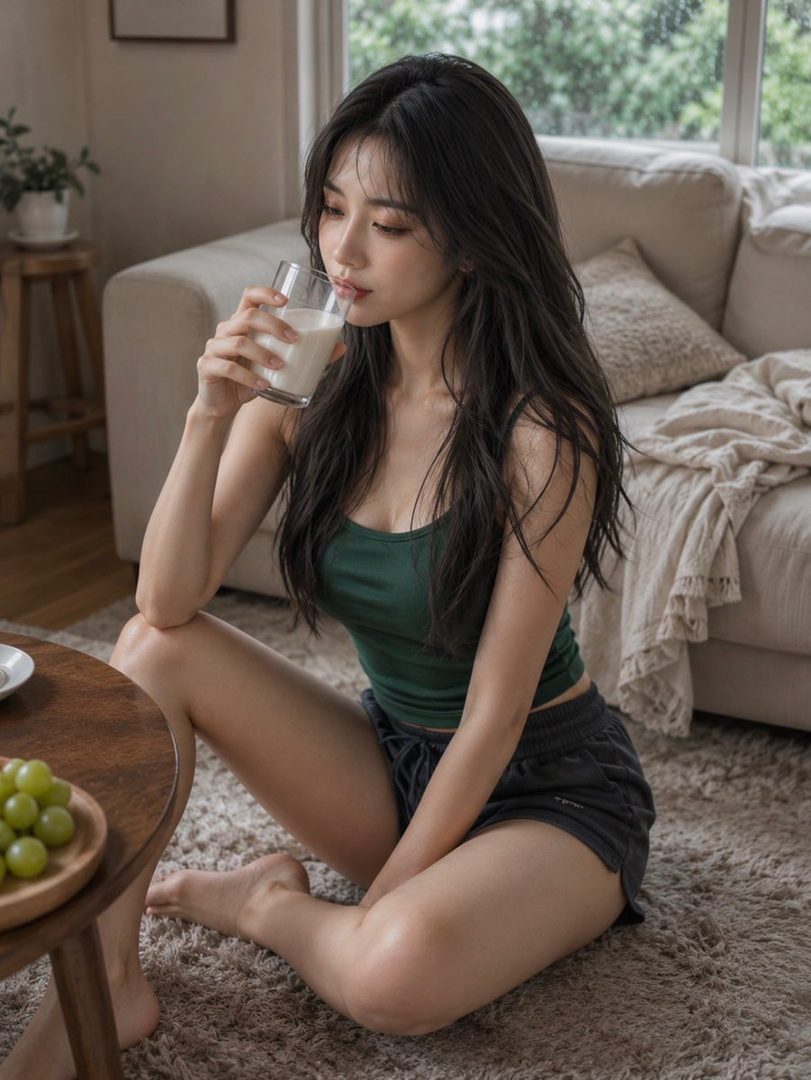A young woman with long black hair sits on a rug indoors, drinking from a glass of milk.