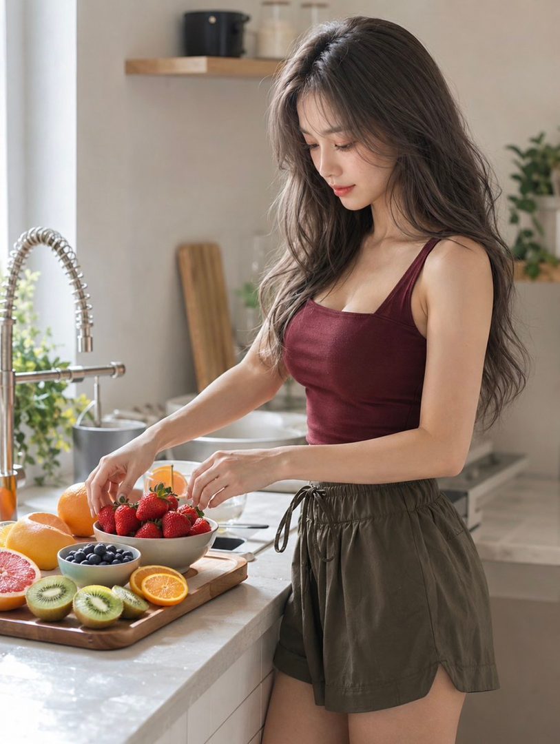 A young woman with long brown hair is in a kitchen, preparing a fruit platter with strawberries, blueberries, kiwi, and oranges.
