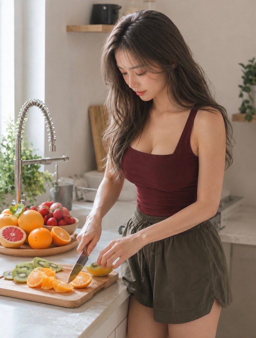 A young woman with long brown hair is cutting fruit in a bright kitchen.