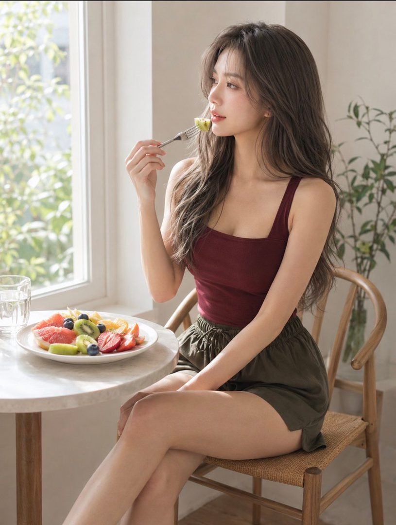 A young woman with long brown hair is sitting at a table by a window, eating a fruit salad.