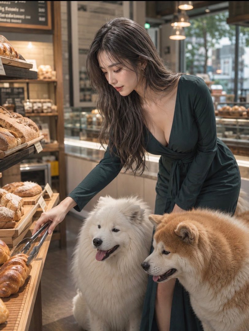 A beautiful woman in a green dress is selecting bread from a display in a bakery, with two dogs sitting beside her.