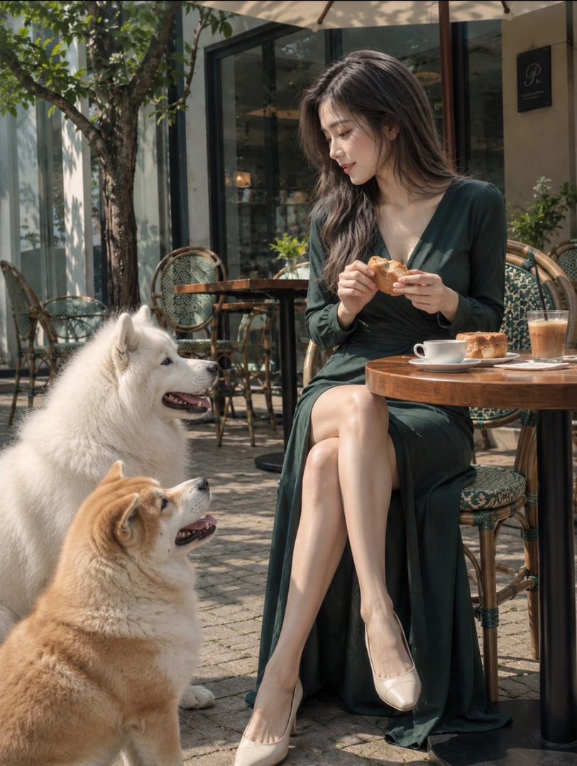 A beautiful woman in a green dress sits at an outdoor cafe table with two dogs, holding a pastry.