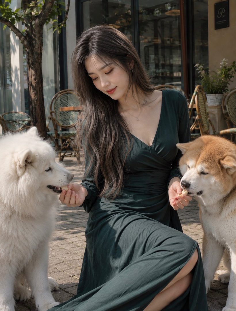 A young woman in a dark green dress kneels outdoors, feeding two dogs, a white Samoyed and a brown Akita.