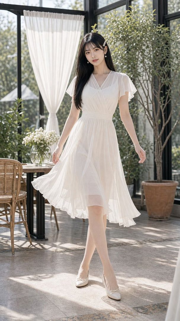 A young woman in a white chiffon dress poses elegantly in a bright indoor setting with plants.