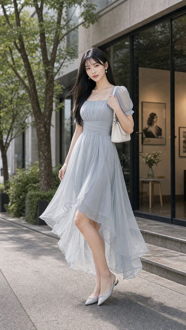 A beautiful East Asian woman in a light blue dress with a flowing skirt and black hair stands on a city street.