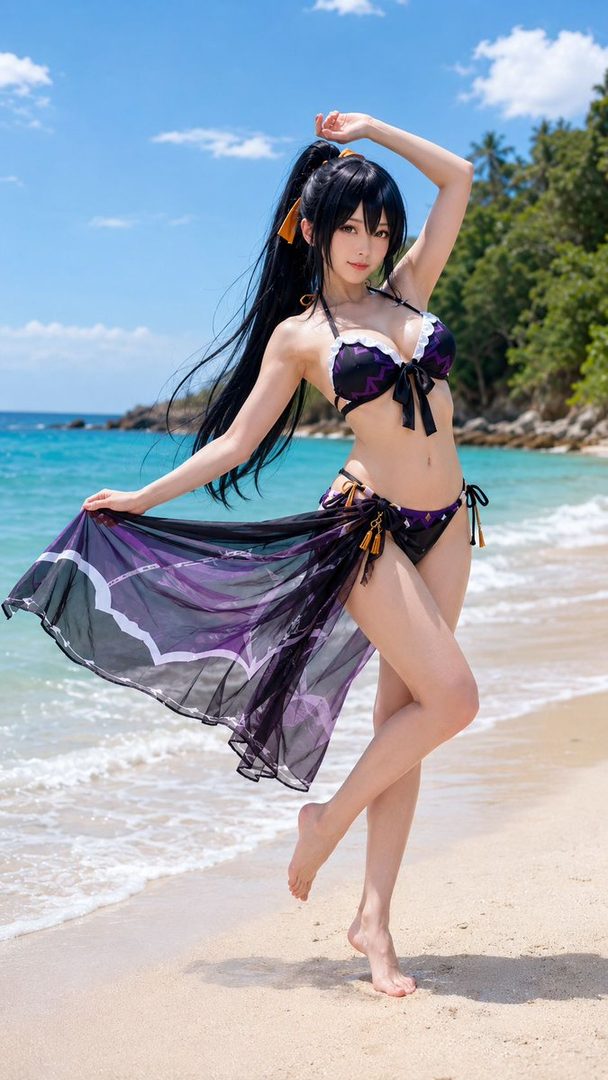 A woman with long black hair in a black and purple bikini and sarong poses on a sandy beach with clear blue water.