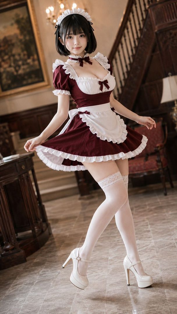 A photorealistic image of a young woman in a maid outfit posing indoors.