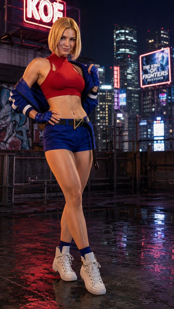 A blonde woman in a red crop top, blue shorts, and a blue jacket poses on a city rooftop at night, with neon signs in the background.