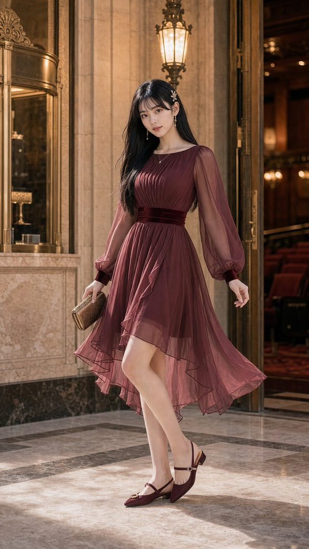 A young woman with long black hair wears an elegant maroon chiffon dress and matching shoes, posing indoors.