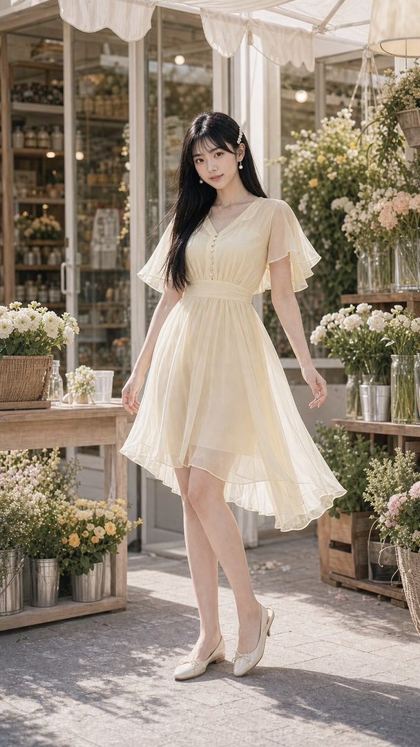 A young woman with long black hair wears a light yellow dress and stands in front of a flower shop.