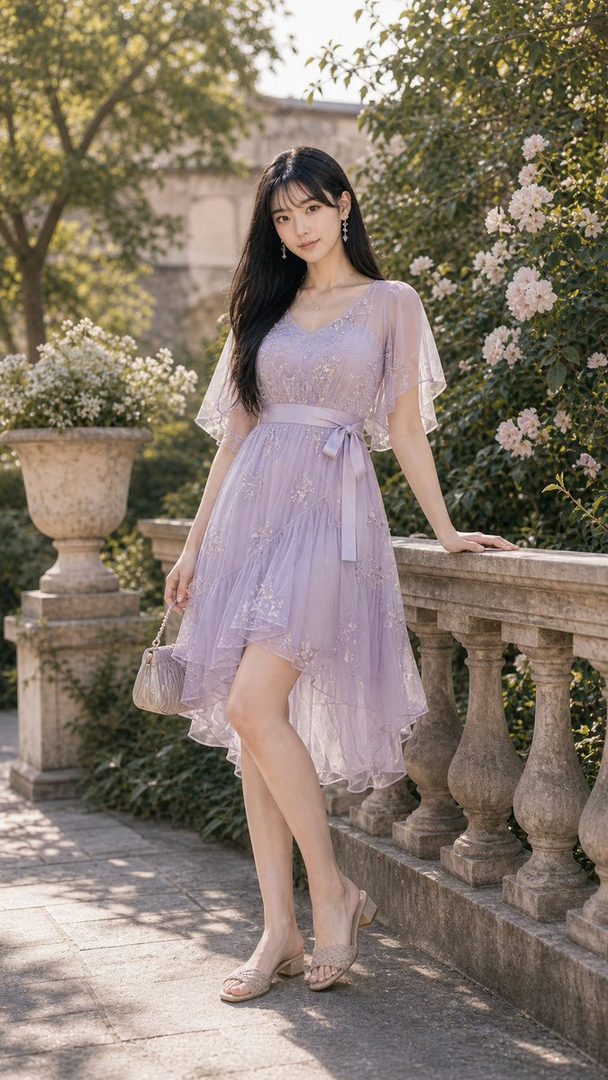 A woman in a light purple dress with a ruffled hem stands outdoors next to a stone railing with flowering bushes in the background.