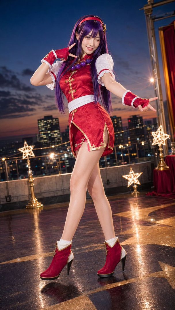 A woman in a red and white cosplay outfit with purple hair winks and makes a peace sign on a rooftop at night.
