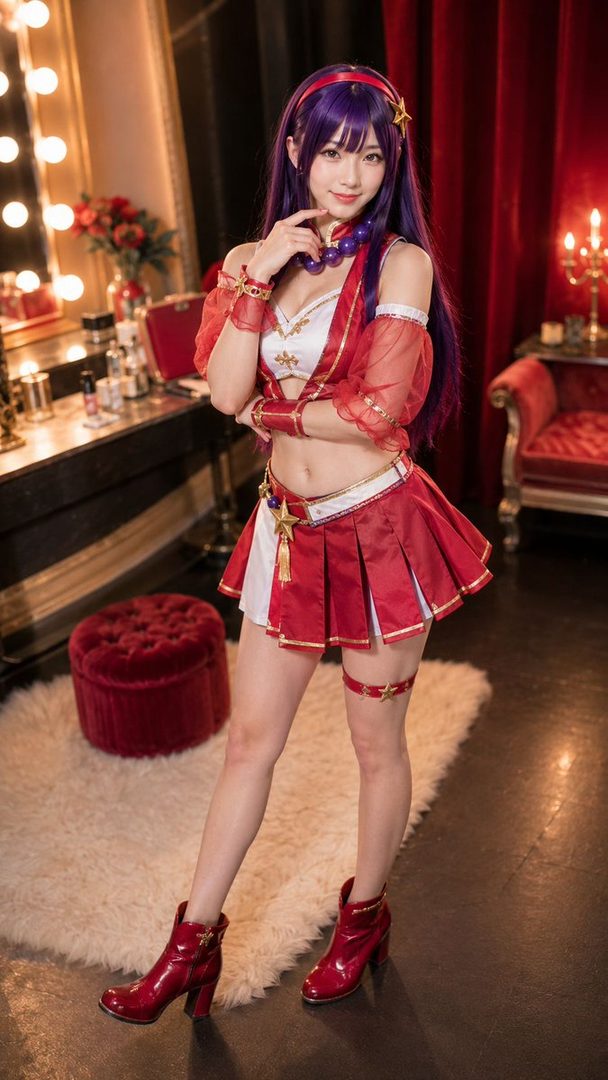 A woman with long purple hair in a red and white cosplay outfit poses indoors.