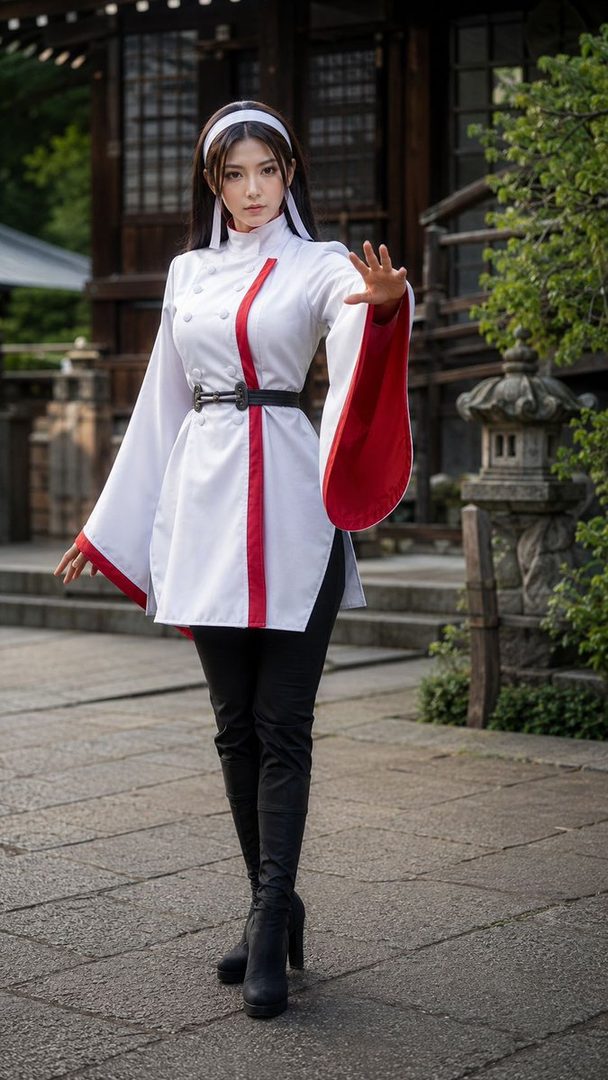 A woman in a white and red costume with black pants and boots poses outdoors in front of a traditional Japanese building.