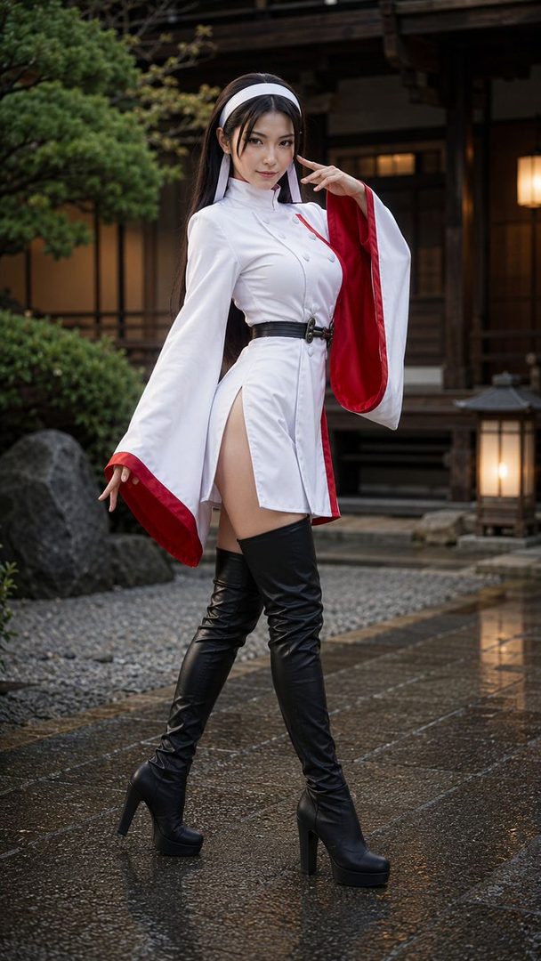 A woman in a white and red kimono-style outfit with thigh-high black boots poses outdoors in a traditional Japanese setting.