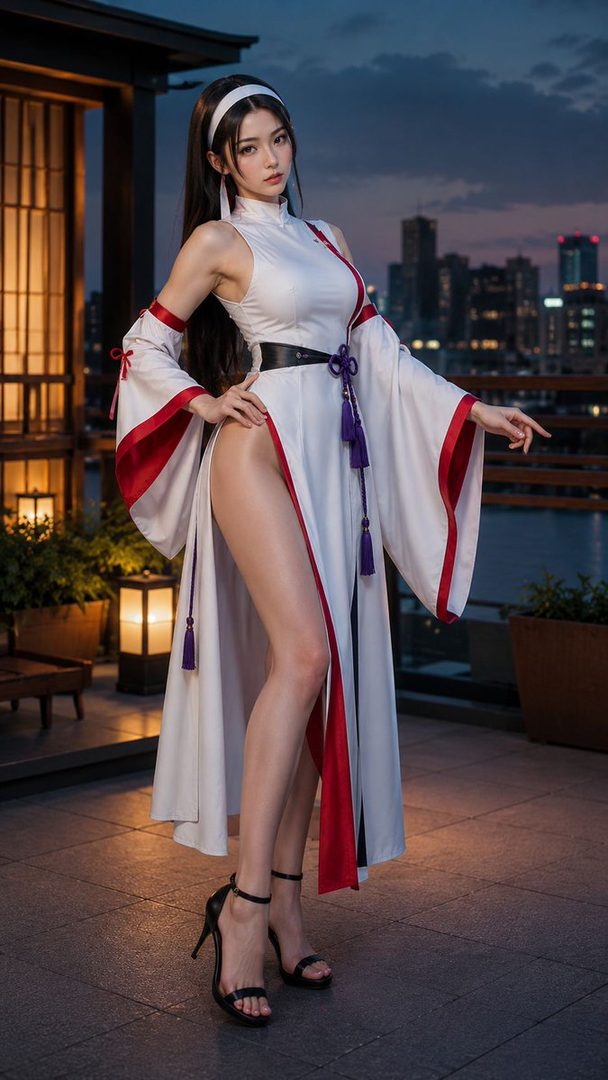 A woman in a white and red kimono-style dress with high slits stands on a rooftop at night, with a city skyline in the background.
