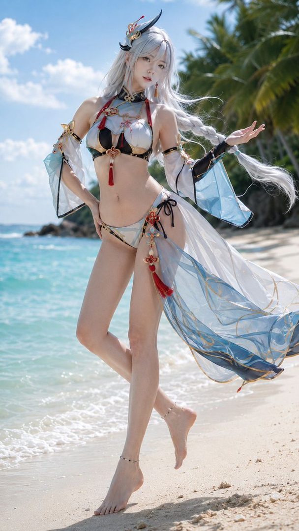 A woman in a white and blue cosplay swimsuit with long white hair stands on a sandy beach with the ocean in the background.