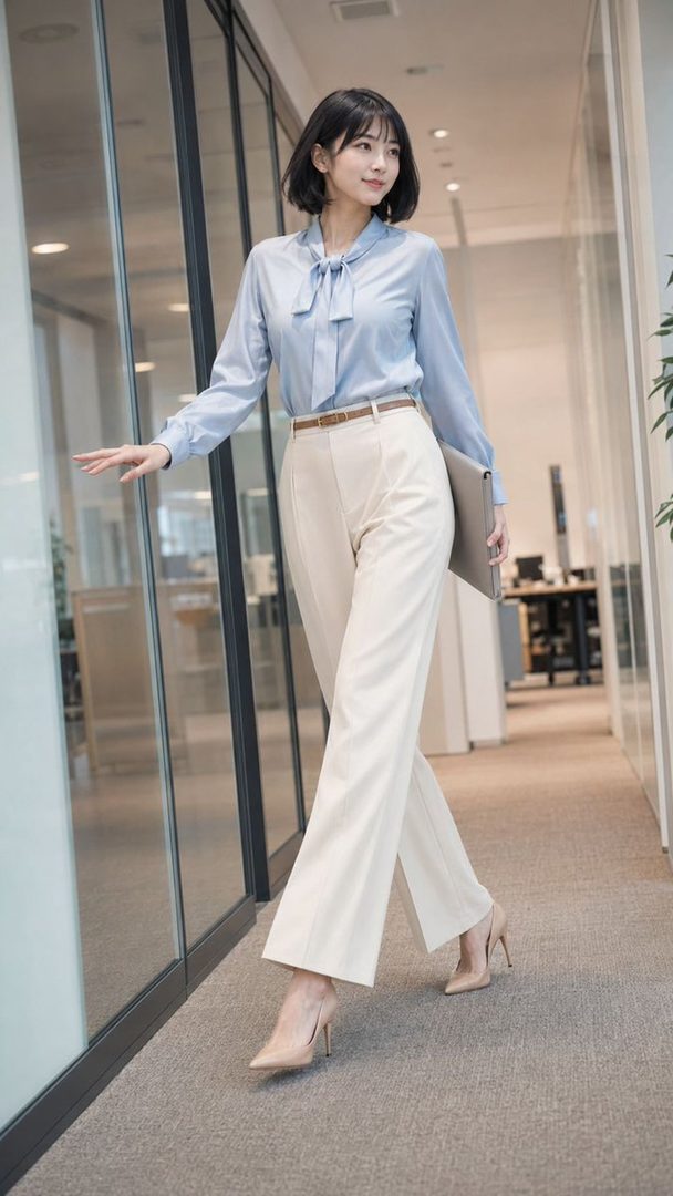 A young woman with short black hair and bangs, wearing a light blue blouse with a bow and white wide-leg pants, walks through a modern office hallway.