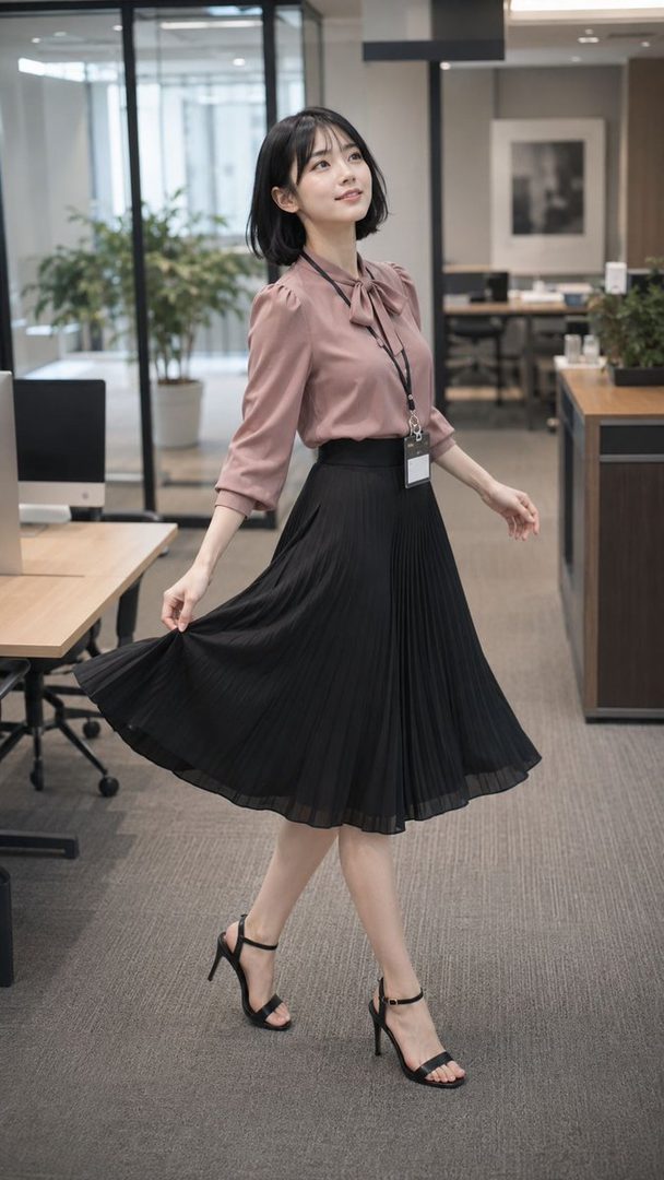 A young woman with short black hair, wearing a pink blouse and a black pleated skirt, walks in an office setting.