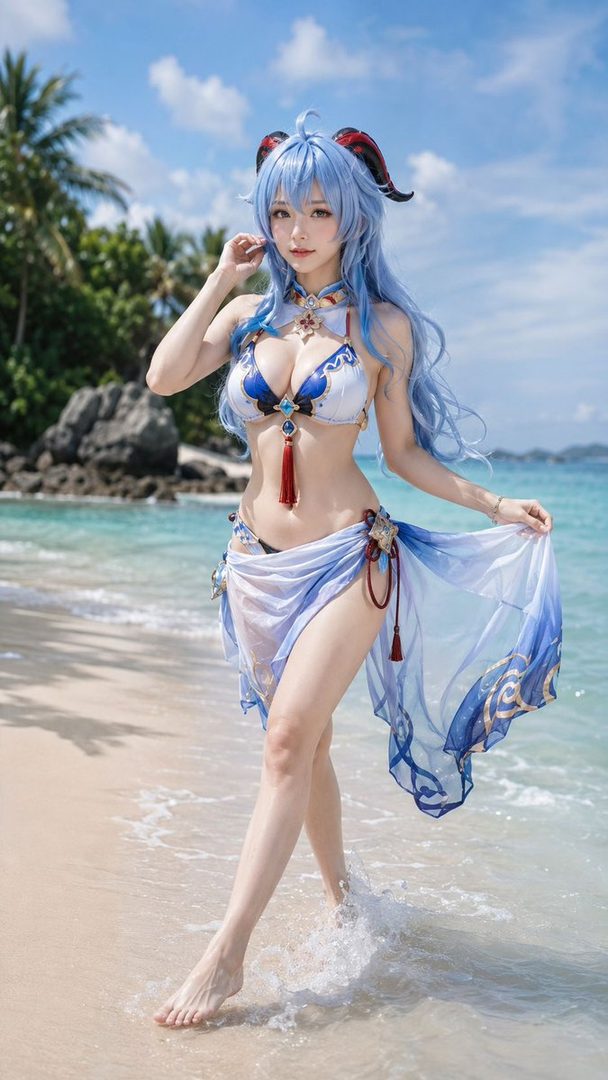 A woman in blue cosplay wig and a blue and white bikini with a sheer sarong walks on a tropical beach.