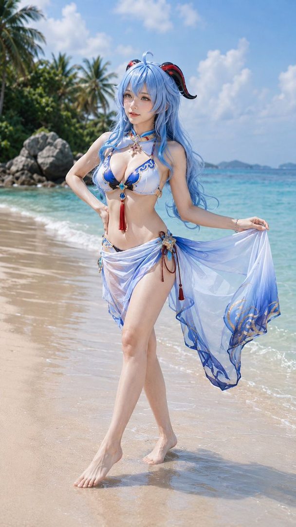 A woman in a blue bikini and sheer wrap, cosplaying as Ganyu from Genshin Impact, stands on a sandy beach with blue water and palm trees in the background.