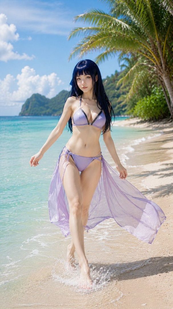 A woman with long black hair and bangs walks along a tropical beach in a light purple bikini and sheer sarong.