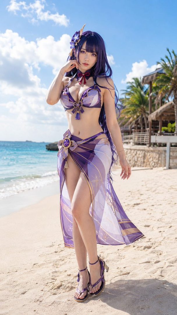 A woman in a purple bikini and sheer wrap poses on a sandy beach with palm trees and the ocean in the background.