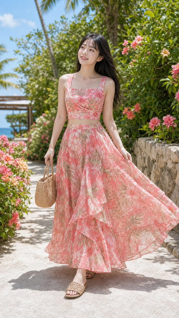 A young woman in a floral two-piece dress walks along a path in a tropical garden.