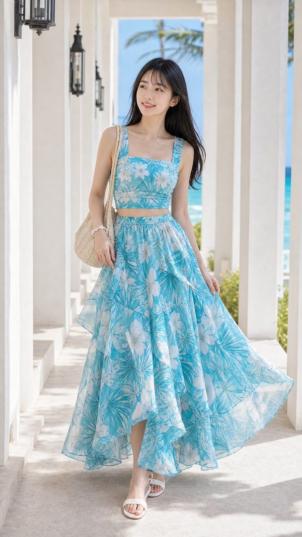 A young woman in a blue floral two-piece outfit walks along a white-columned walkway with the ocean in the background.