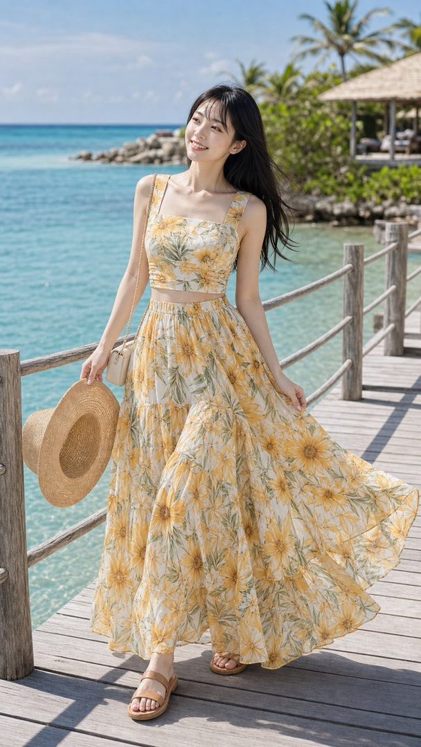 A young woman in a sunflower-print two-piece outfit stands on a wooden pier by the clear blue ocean, holding a straw hat.