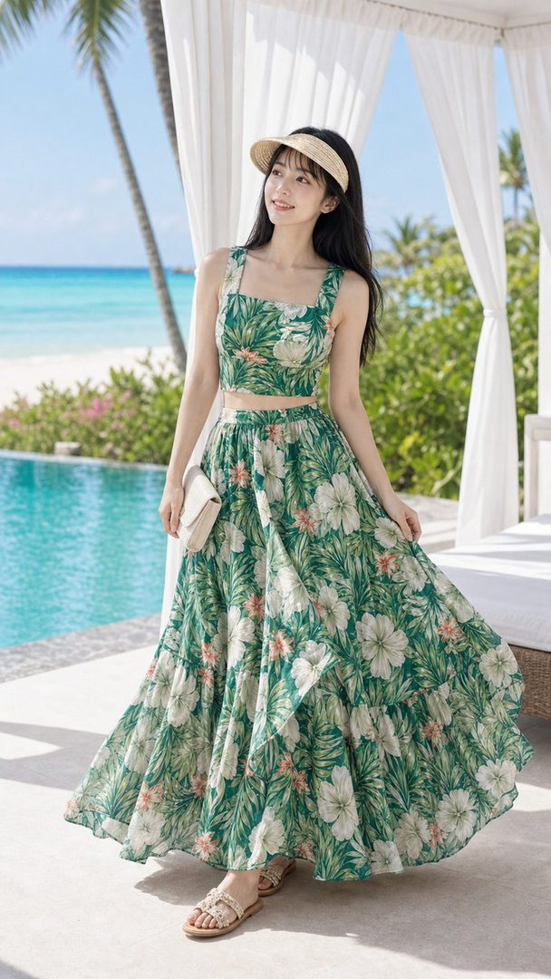 A young woman in a tropical print two-piece outfit and straw visor stands by a pool with a beach and ocean in the background.