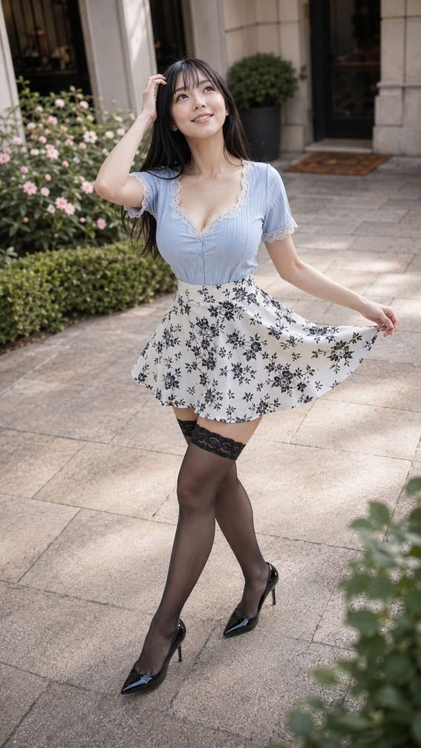 A beautiful East Asian woman with long black hair and bangs, wearing a light blue lace-trimmed top, a floral mini skirt, and black stockings, poses outdoors.