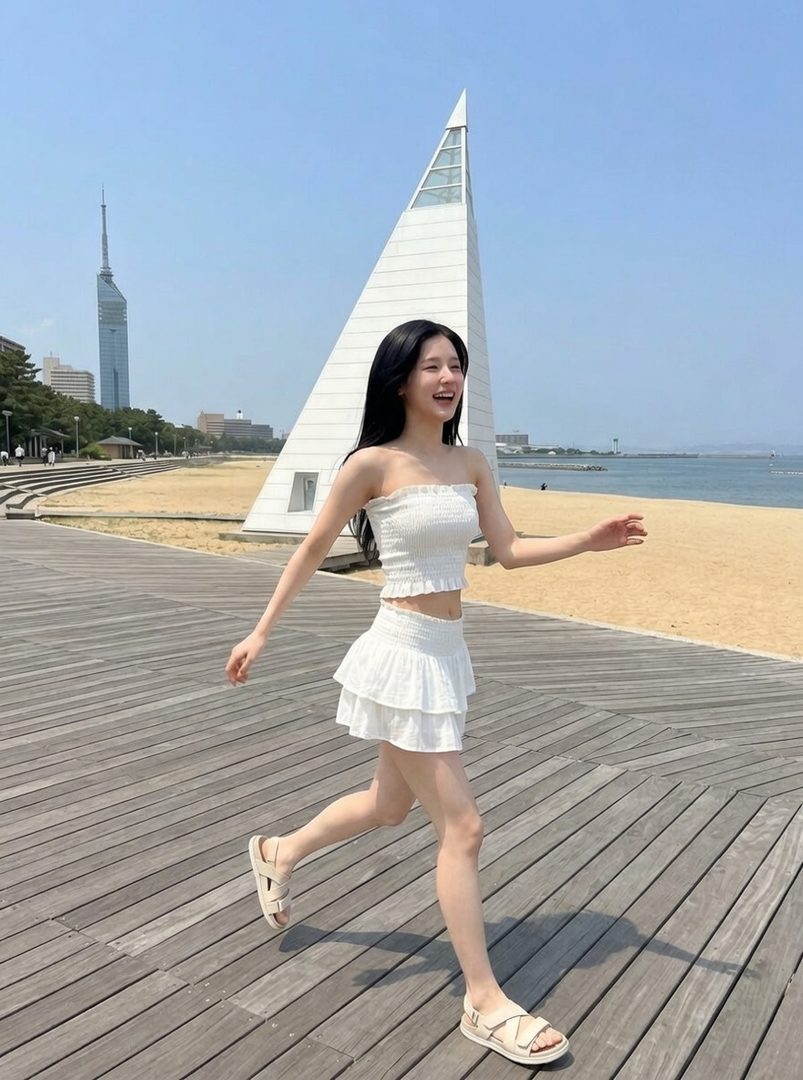 A joyful young woman with long black hair runs along a wooden boardwalk by the beach, wearing a white tube top and ruffled skirt, with modern architecture in the background under a clear blue sky.