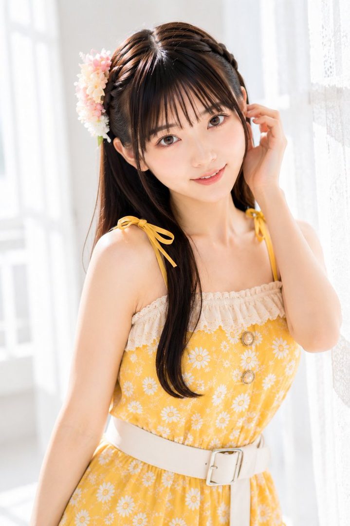 A young woman with long black hair and braids, adorned with flowers, smiles gently while wearing a yellow daisy-patterned dress with a white belt.