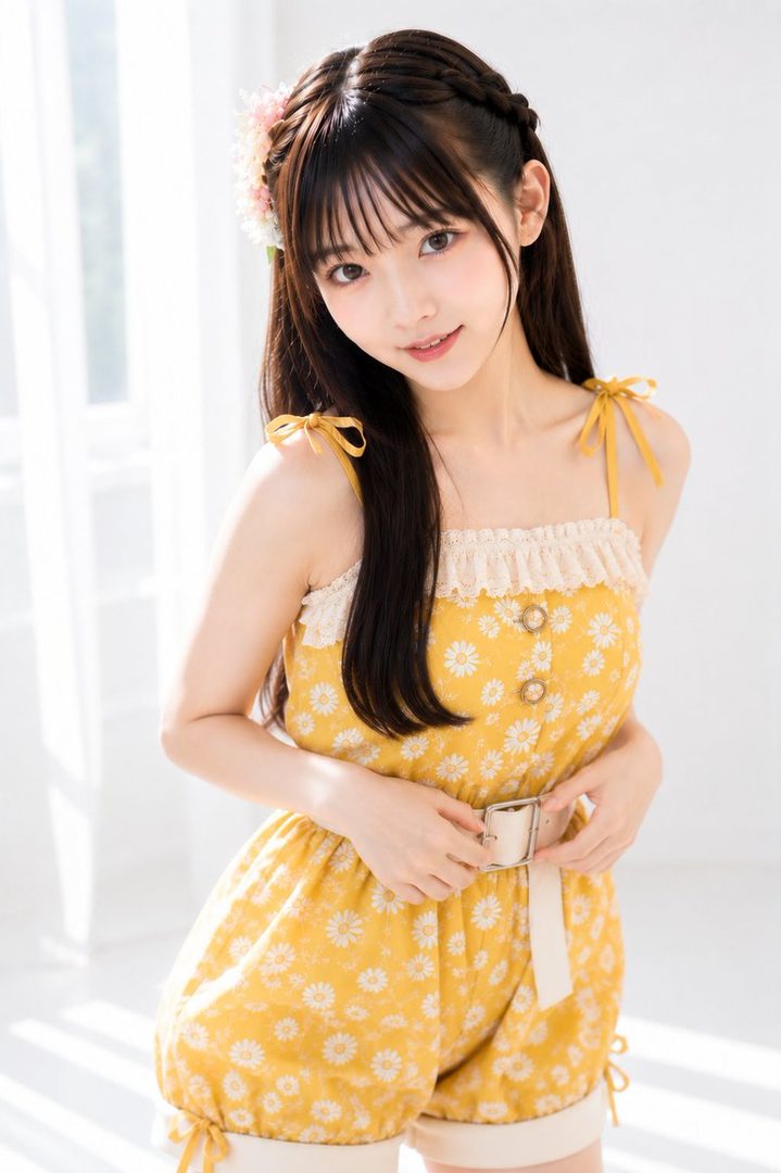 A young woman with long black hair and bangs, wearing a yellow floral romper, poses indoors with bright natural light.