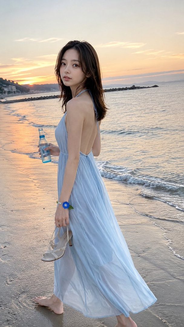 A young woman in a light blue backless dress walks barefoot on a sandy beach at sunset, holding a bottle and sandals.